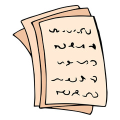 Sheets of paper with text, documents with pen icon. Vector illustration of blank, letter, text on paper with pen. Hand drawn exam sheet and pen, pencil.