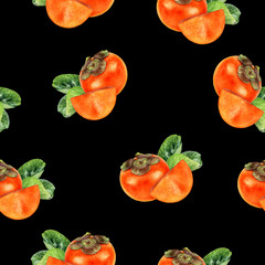 Persimmon fruit hand drawn watercolor seamless pattern.