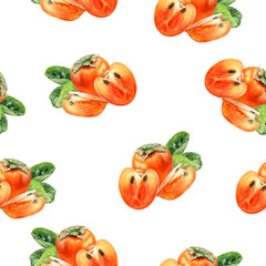 Persimmon fruit hand drawn watercolor seamless pattern.