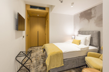 Interior of a loft double bed hotel bedroom