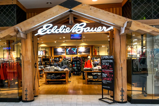 Markham, Ontario, Canada - March 13, 2019: Eddie Bauer store in CF Markville Shopping centre in Markham, Ontario. Eddie Bauer is a clothing store operated by American company Eddie Bauer, LLC