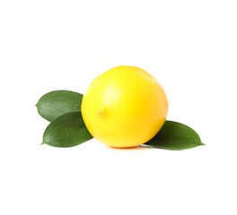 Whole ripe lemon with leaves isolated on white background