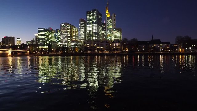 View over the river Main  to the business centre of the city Frankfurt, July 2019