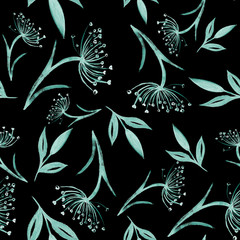 seamless pattern with compositions of hand drawn tropical  palm leaves and flowers, jungle plants, paradise bouquet.