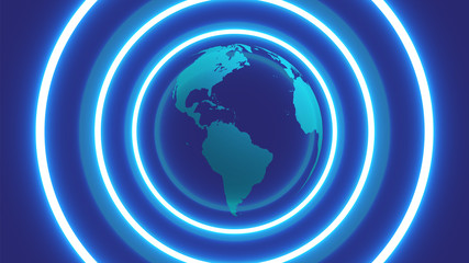 3D globe with neon circles around, vector illustration