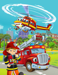Fototapeta na wymiar cartoon scene with fire brigade car vehicle on the road and fireman worker - illustration for children
