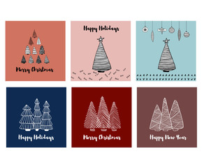 Christmas cards set with doodle sketched fir trees. Line drawing. Hand drawn illustration.