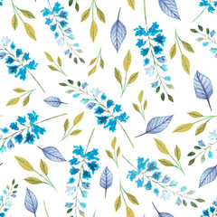 Watercolor blue flowers with leaves hand painted seamless pattern with white background.