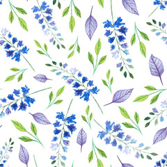 Watercolor blue flowers with leaves hand painted seamless pattern with white background.