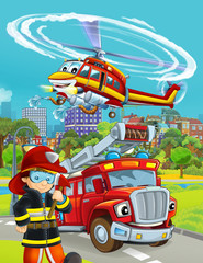 Plakat cartoon scene with fire brigade car vehicle on the road and fireman worker - illustration for children