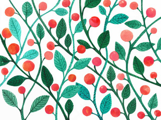 watercolor  pattern with green leaves and red berries on a white background