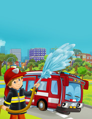 cartoon scene with fire brigade car vehicle on the road and fireman worker - illustration for children