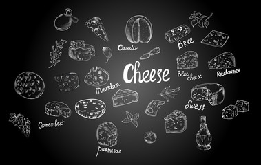 set of icons of cheeses and lettering , chalk , food, vintage ,  vector isolated illustration on black background . Concept for print, web design, cards, logo, icon , menu 