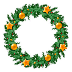 Christmas wreath. Colored, artistic, graphic Christmas wreath of fir branches with gold decorations on a white background.