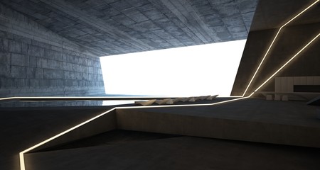 Abstract architectural concrete interior of a minimalist house with swimming pool and neon lighting. 3D illustration and rendering.