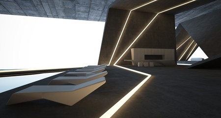 Fototapeta premium Abstract architectural concrete interior of a minimalist house with swimming pool and neon lighting. 3D illustration and rendering.