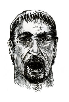 The brave man screams out loud. Strong character in carton style. Ink sketch.