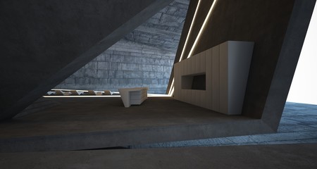 Abstract architectural concrete interior of a minimalist house with swimming pool and neon lighting. 3D illustration and rendering.