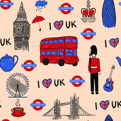English, london, fashion, travel , architecture vector seamless pattern . Concept for print, textile, wallpaper, wrapping paper  