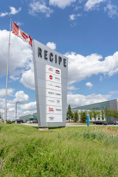 Vaughan, Ontario, Canada - June 11, 2019: Sign of Recipe at headquarters in Vaughan, Ontario, Canada. Recipe Unlimited Corporation is a Canadian company that operates several restaurant chains. 