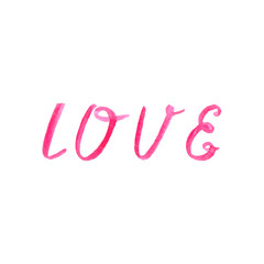 Watercolor pink letter "love" isolated on white background.
