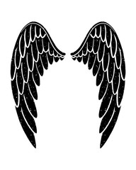 Hand drawn bird or angel grunge textured flapping wings. Hand drawn wings silhouette for t-shirt prints, tatoo design, vintage styled poster. - 310903296