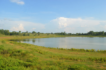 beautiful pond surrounded by grass land