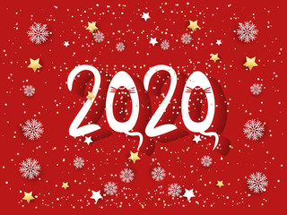 Cartoon illustration and text 2020 with rat for holiday theme . Greeting card for Merry Christmas and Happy New Year. Vector illustration.