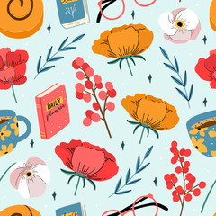 Floral and books decorative seamless pattern for print, textile, fabric.  Background with cup of coffee and books. - 310904687