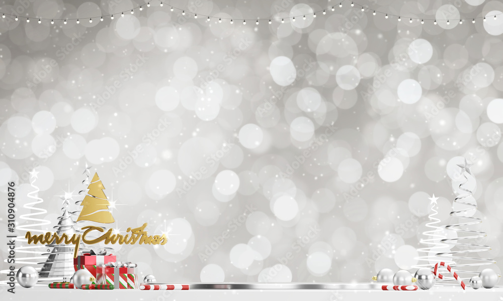Poster merry christmas background with light bokeh and snowfall background. 3d rendering.