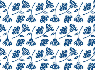 Fototapeta premium Seamless pattern of ethnic abstract flowers in the Scandinavian style of classic blue color. Texture for textile, fabric, wallpaper. White background. Vector.