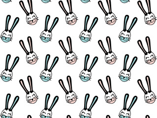 Seamless pattern of smiling hand drawn rabbit heads in kawaii style on a white background. Vector.