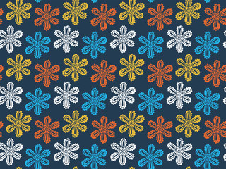 Seamless funny pattern in Scandinavian style from colorful abstract opened flowers with petals, top view. Dark background. Vector.