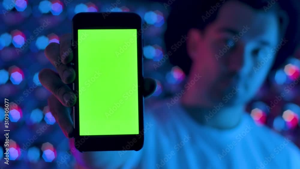 Poster front view smart phone display for game or surfing or app. green screen horizontal mockup keying for