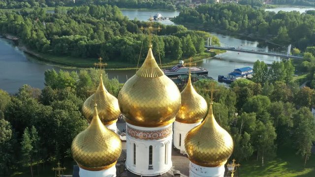 Aerial view of the Assumption Cathedral in Yaroslavl, park Strelka and Volga river, Russia, 4k