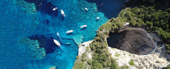 Aerial drone ultra wide photo of breathtaking turquoise exotic bay of blue lagoon in island of...
