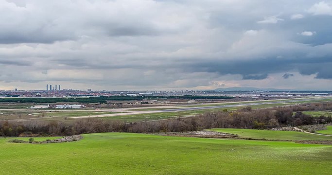 Timelapse Madrid - Barajas Airport at night, take off planes. Madrid, Spain
