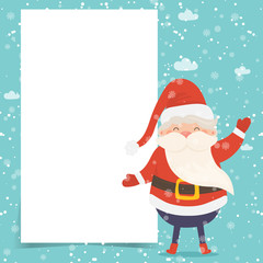 Cartoon illustration for holiday theme with happy Santa Claus on winter background with trees and snow. Greeting card for Merry Christmas and Happy New Year.Vector illustration.