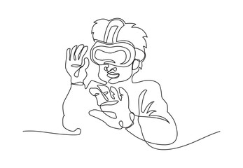 Continuous one line drawing Boy in glasses device virtual reality