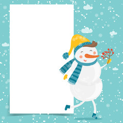 Cartoon illustration for holiday theme with happy snowman on winter background with trees and snow. Greeting card for Merry Christmas and Happy New Year. Vector illustration.