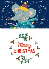 Fototapeta na wymiar Cartoon illustration for holiday theme with happy rat,symbol of the year 2020, on winter background with trees and snow. Greeting card for Merry Christmas and Happy New Year.Vector illustration.