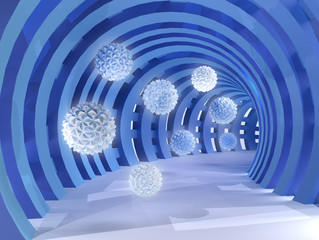 Blue tunnel with flying balls 3d rendering