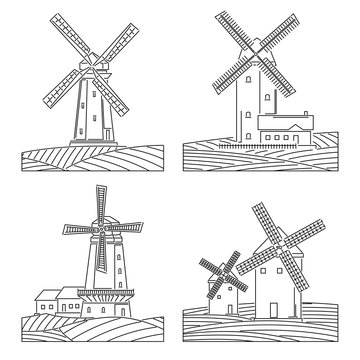 Set of simple line illustrations of windmills with fields.