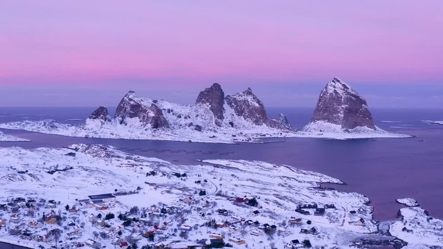 Winter sunrise over Tr&aelig;na islands, Nordland, Northern Norway, aerial drone shot