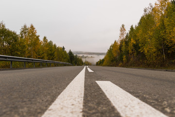 Autumn trees along the asphalt road, and mountains with fog in the distance