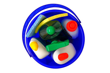 Set of cleaning supplies in blue bucket isolated on white background. Cleaning accessories. Isolate. Top view. Close up. © Ga_Na