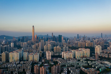 Fototapeta na wymiar an aerial view of shenzhen city skyline at dusk moment in winter