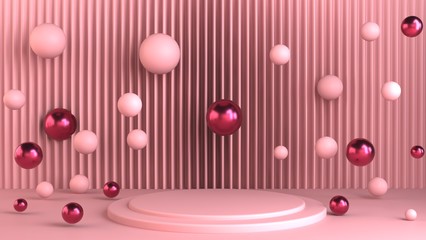 3d render of party design composition. Abstact 3d geometric shapes backdrop for holiday concept. 3d pink background.