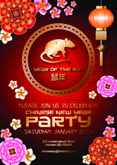 Golden red Chinese New Year of the Rat Party 2020 vector invitation card layout. Golden mouse in ornamental ring, flowers and chinese motifs. Hieroglyph translation Year of the Rat.