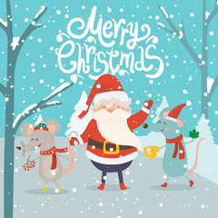 Cartoon illustration for holiday theme with happy Santa Claus and rats on winter background with trees and snow. Greeting card for Merry Christmas and Happy New Year.Vector illustration.